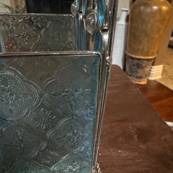 Handmade Artisan Cut-Stained Glass Art Noveau Candle Holder w/blue glass Crosses - Picture 5 of 8